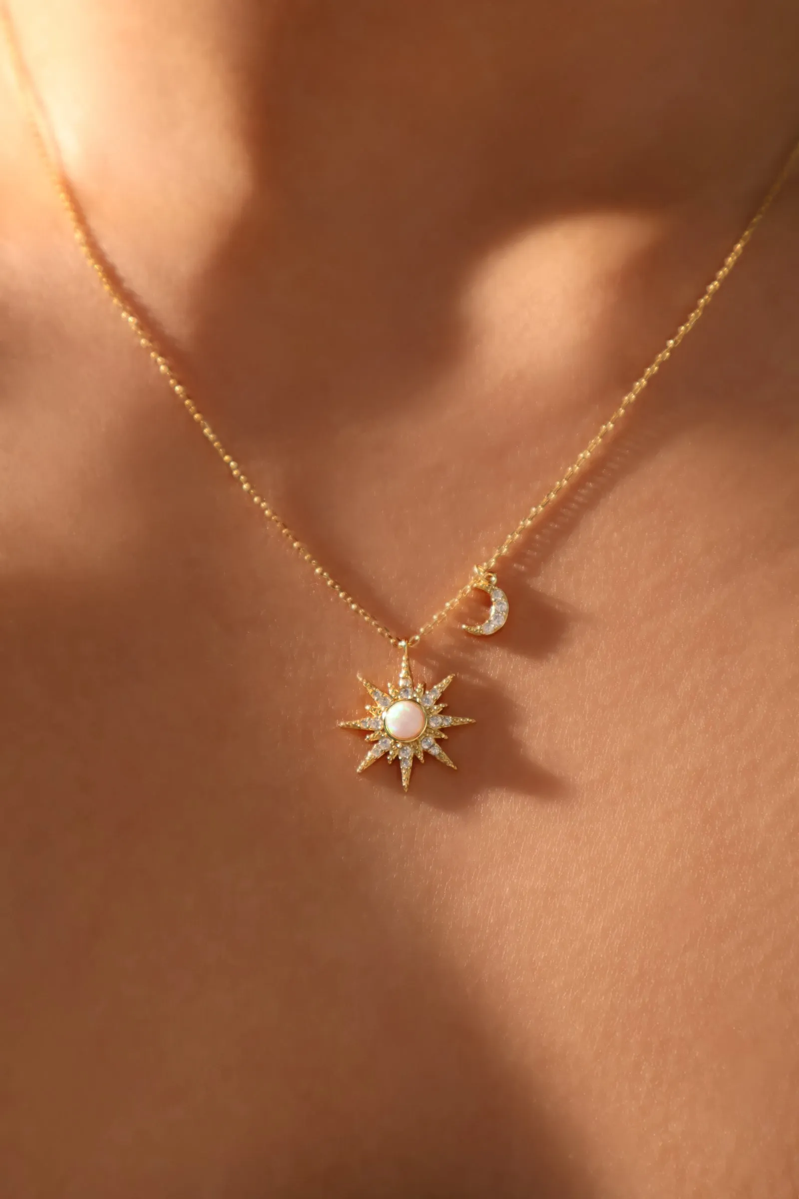 18K Gold Vermeil White Opal Pole Star Necklace