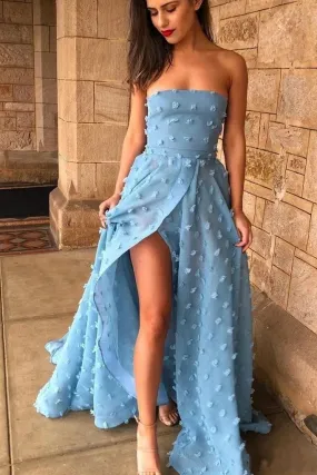 A Line Strapless Split Sweep Train Long Prom Dress, Unique Blue Formal Dresses UQ2577