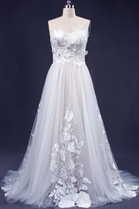 A Line Sweetheart Tulle Appliqued Wedding Dress, Strapless Tulle Bridal Dresses UQ2349