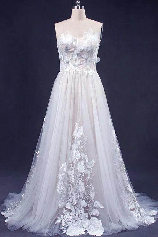 A Line Sweetheart Tulle Appliqued Wedding Dress, Strapless Tulle Bridal Dresses UQ2349