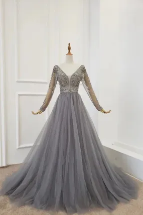 A Line V Neck Long Sleeves Tulle Gray Prom Dress with Beading, Party Dresses UQ2578