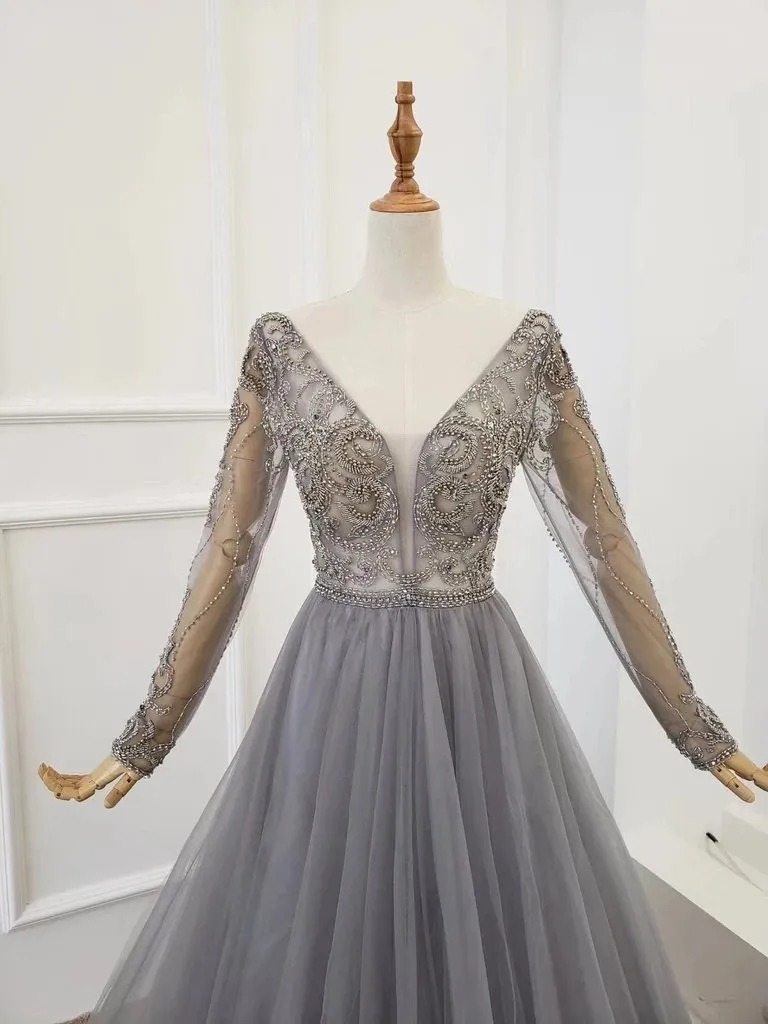 A Line V Neck Long Sleeves Tulle Gray Prom Dress with Beading, Party Dresses UQ2578