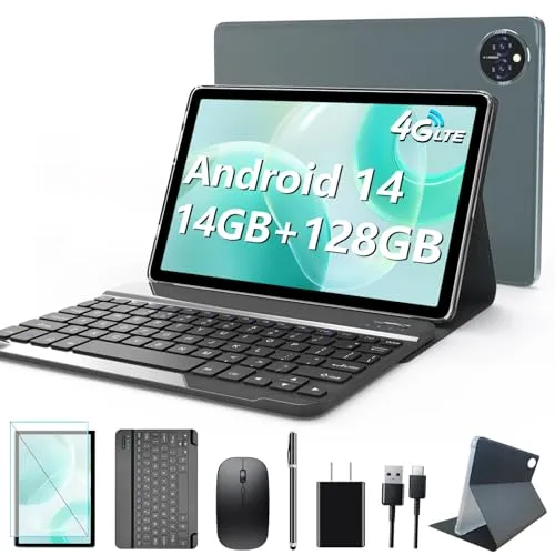 Android 14 Tablet 10 Inch, 4G Cellular Tablet, Octa-Core, 128GB Storage   14(8 6)GB RAM/ 1TB Expandable, 5G WiFi, 8000mAh Battery, Bluetooth 5.0, 13MP 8MP Camera, Tablet with Keyboard/Case Kit, Gray