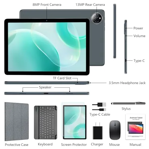 Android 14 Tablet 10 Inch, 4G Cellular Tablet, Octa-Core, 128GB Storage   14(8 6)GB RAM/ 1TB Expandable, 5G WiFi, 8000mAh Battery, Bluetooth 5.0, 13MP 8MP Camera, Tablet with Keyboard/Case Kit, Gray