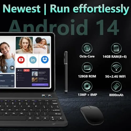 Android 14 Tablet 10 Inch, 4G Cellular Tablet, Octa-Core, 128GB Storage   14(8 6)GB RAM/ 1TB Expandable, 5G WiFi, 8000mAh Battery, Bluetooth 5.0, 13MP 8MP Camera, Tablet with Keyboard/Case Kit, Gray