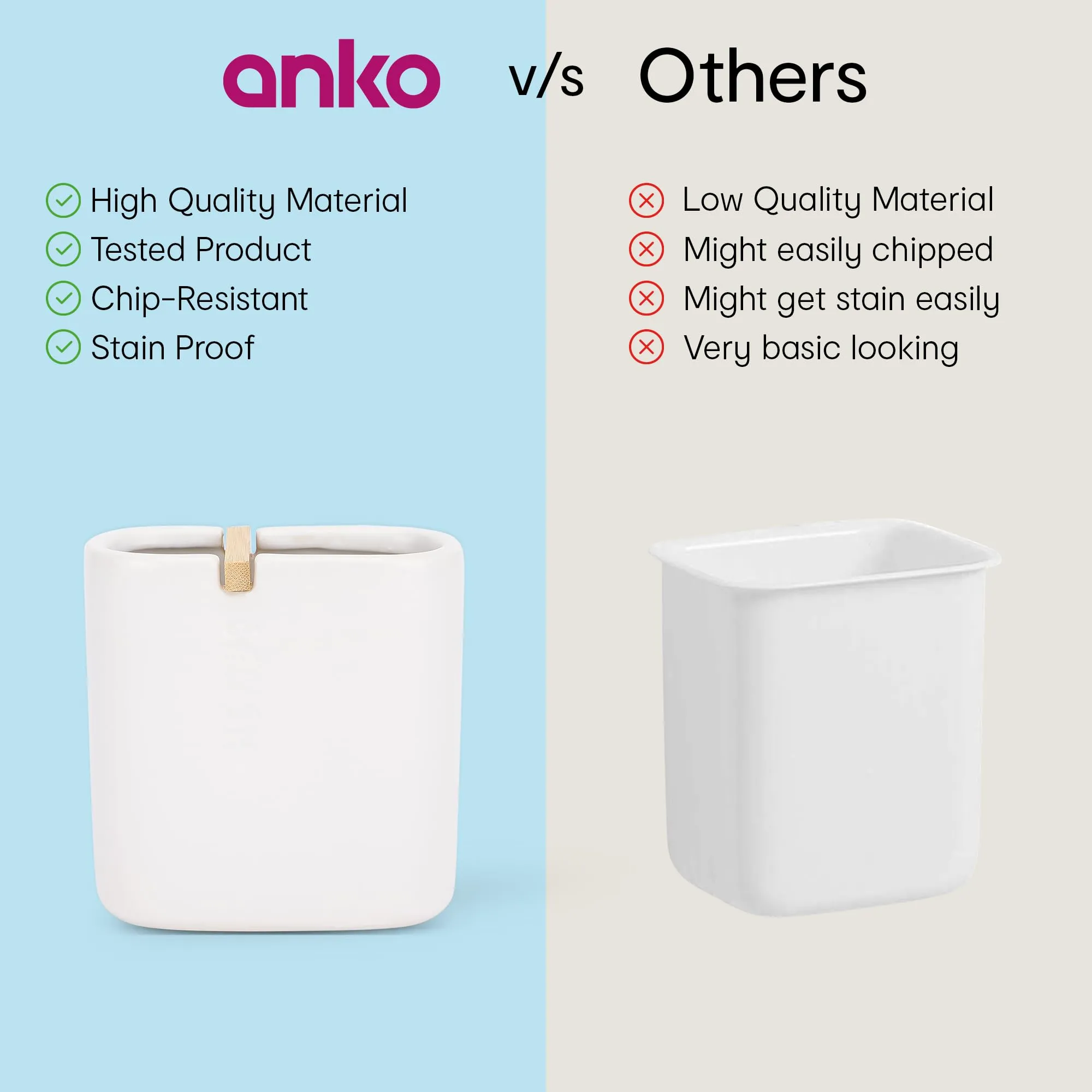 Anko Stoneware & Bamboo Toothbrush Holder for Bathroom - Pack of 2 | Rust-Proof, Leak-Proof, Easy to Clean | White | 11.5 Cm (H) x 11 Cm (W) x 4.8 Cm (D) (Bamboo)