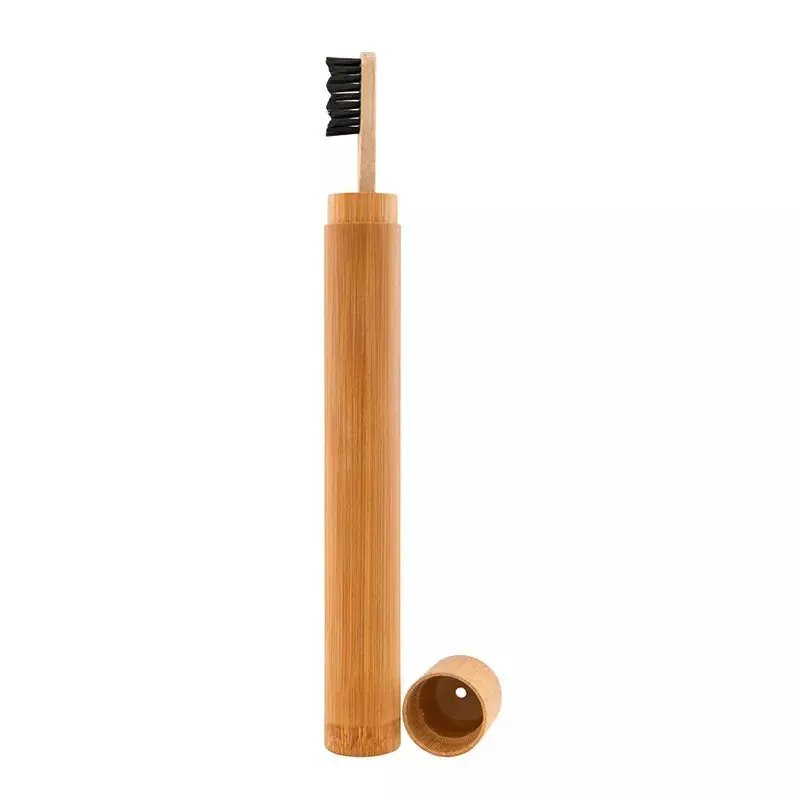 Bamboo toothbrush with infused soft bamboo charcoal bristles and bamboo containers. BPA Free