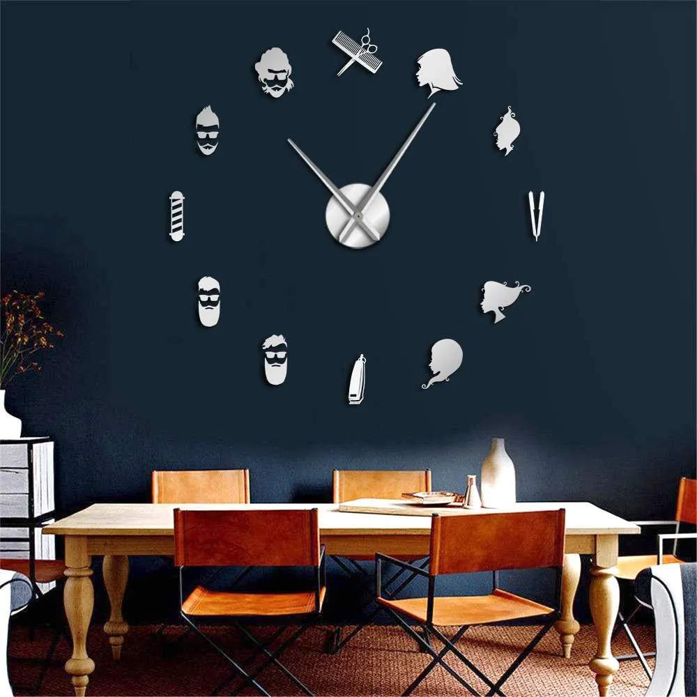 Barber Pole Shears Beauty Salon DIY Wall Art Giant Wall Clock Big Needle Frameless Barbering Shop Hairdressing Large Wall Watch