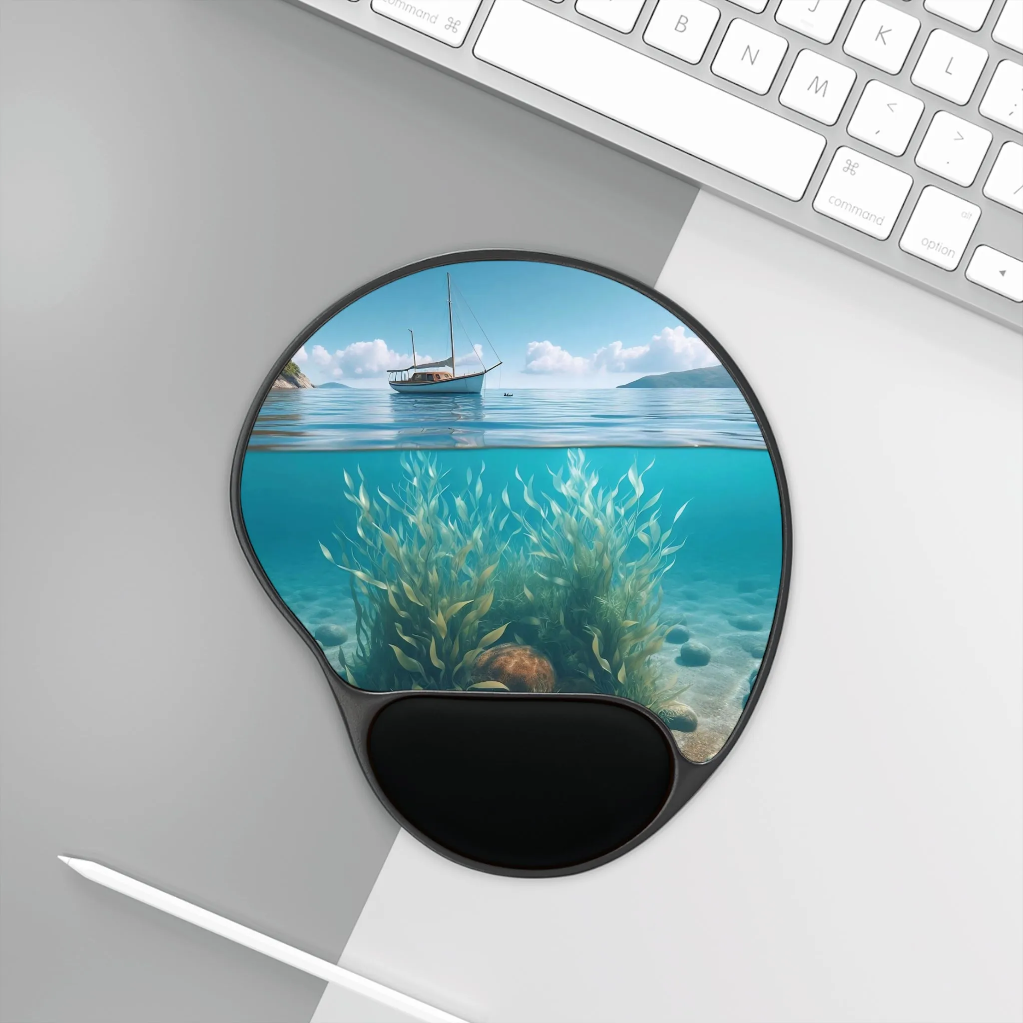 Boat,  seaweed in a clear sea on a sunny day Mouse Pad With Wrist Rest