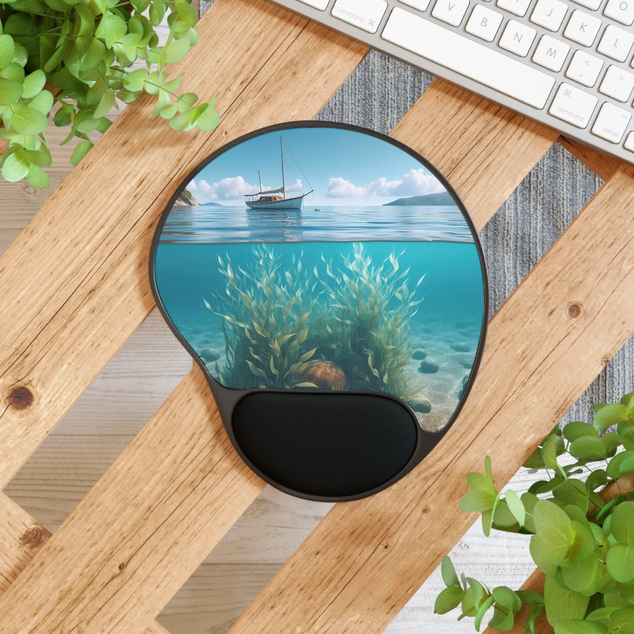 Boat,  seaweed in a clear sea on a sunny day Mouse Pad With Wrist Rest