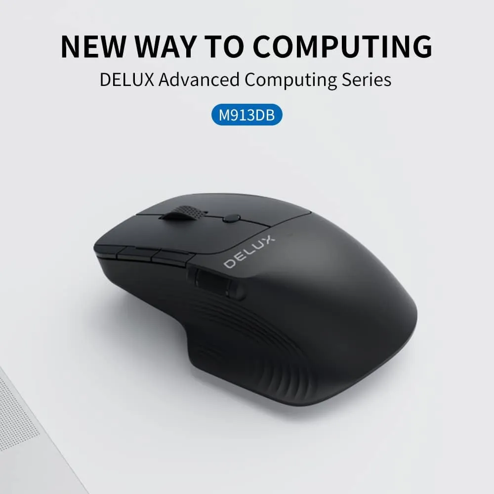 Delux M913DB Wired / Wireless Bluetooth Optical Ergonomic Mouse 2.4GHz with 4000 DPI, 6 Buttons   1 Side Scroll, USB Interface, and Type C Cable Rechargeable for Windows 7/8/10