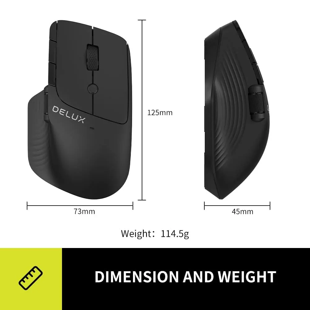 Delux M913DB Wired / Wireless Bluetooth Optical Ergonomic Mouse 2.4GHz with 4000 DPI, 6 Buttons   1 Side Scroll, USB Interface, and Type C Cable Rechargeable for Windows 7/8/10