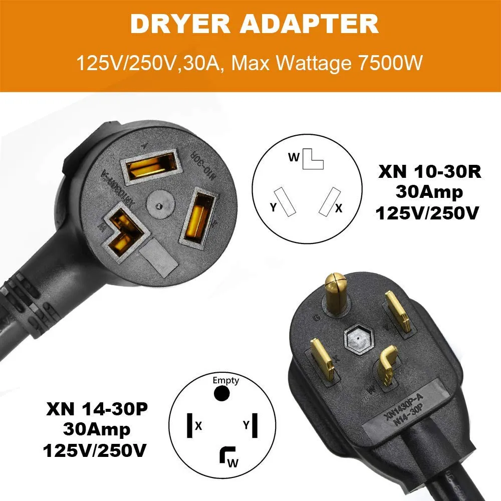 Dryer Plug Adapter Cord 1.5FT 4 Prong to 3 Prong NEMA 14-30P Male to 10-30R