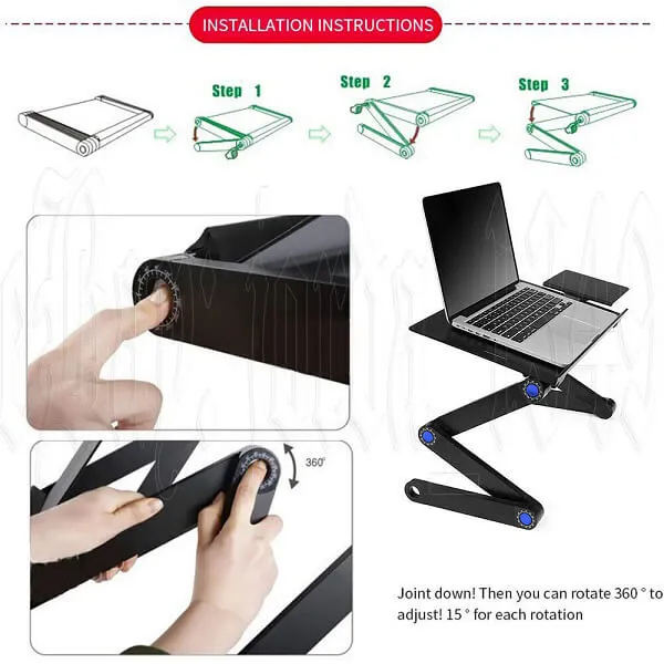 For Adjustable Laptop Vented Table Computer Desk Stand Foldable Notebook Bed Tray (Black)