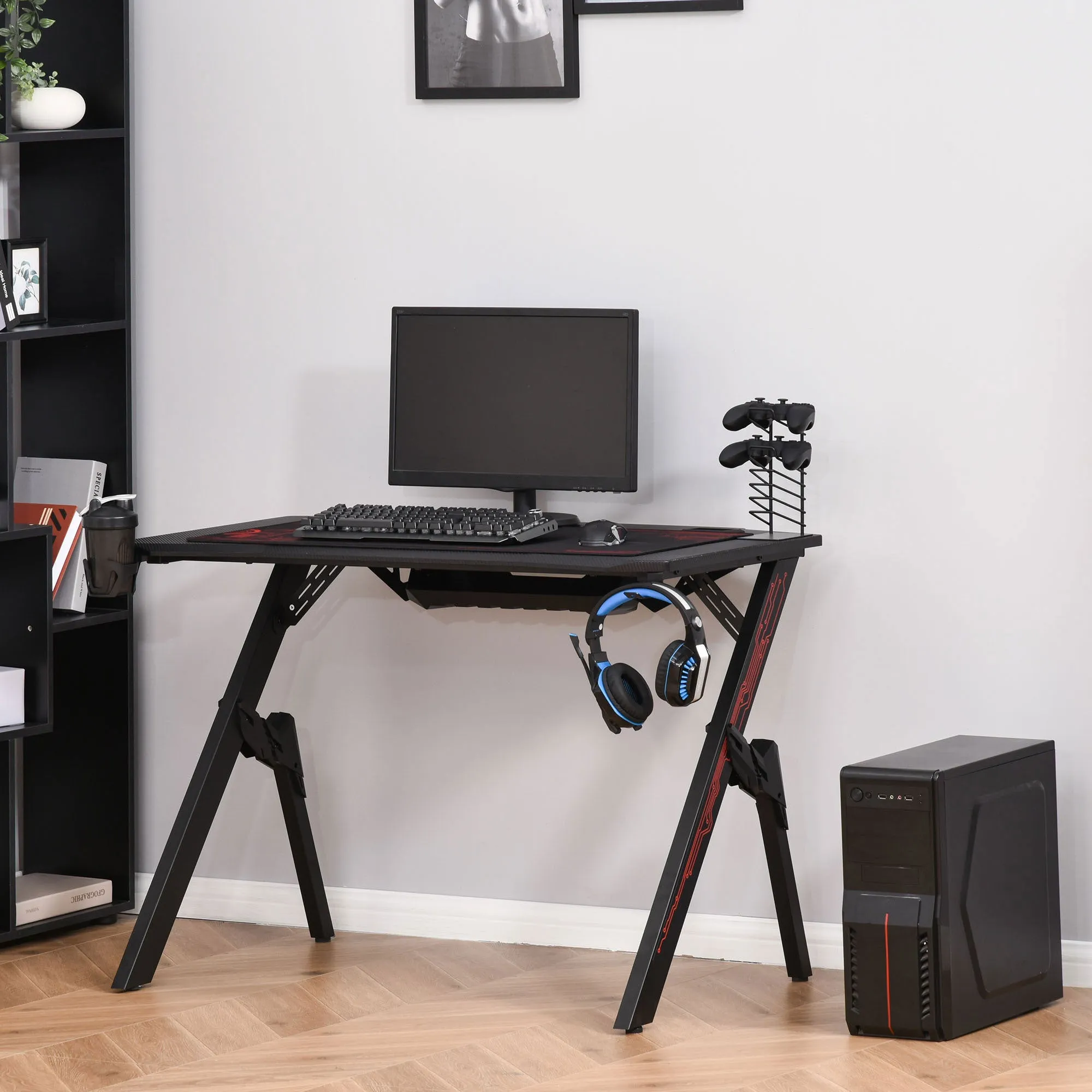 HOMCOM Gaming Desk w/ Game Handle Holder Cupholder Headset Hook for Workstation