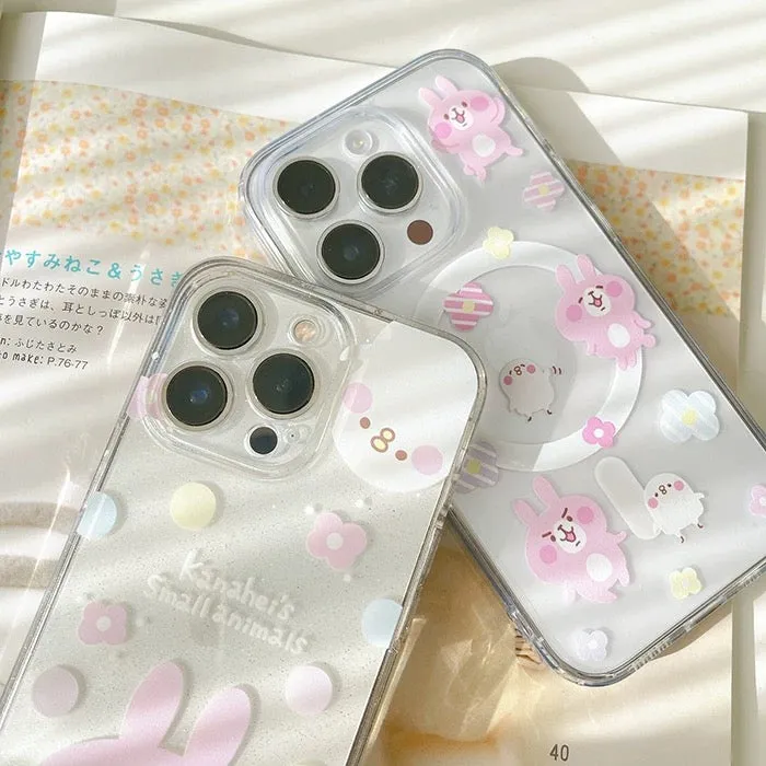 Japanese Cartoon Kanahei |  Dots & Flowers Pink Rabbit and White Chicken - iPhone Case 12 13 14 15 Pro Promax