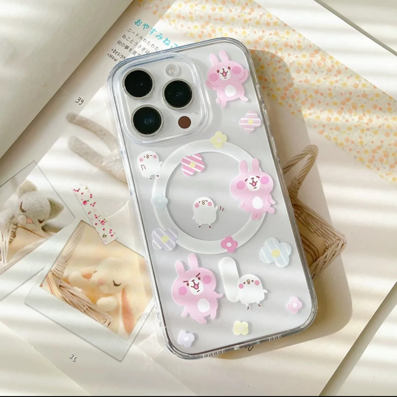 Japanese Cartoon Kanahei |  Dots & Flowers Pink Rabbit and White Chicken - iPhone Case 12 13 14 15 Pro Promax