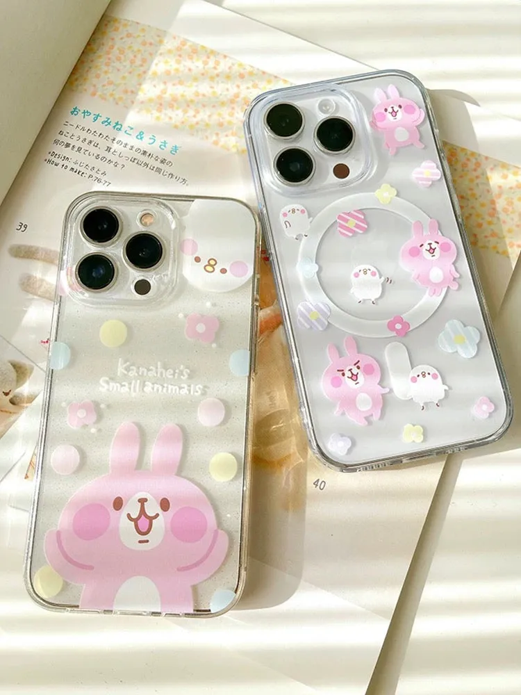 Japanese Cartoon Kanahei |  Dots & Flowers Pink Rabbit and White Chicken - iPhone Case 12 13 14 15 Pro Promax