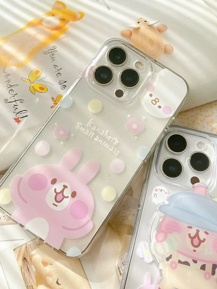 Japanese Cartoon Kanahei |  Dots & Flowers Pink Rabbit and White Chicken - iPhone Case 12 13 14 15 Pro Promax