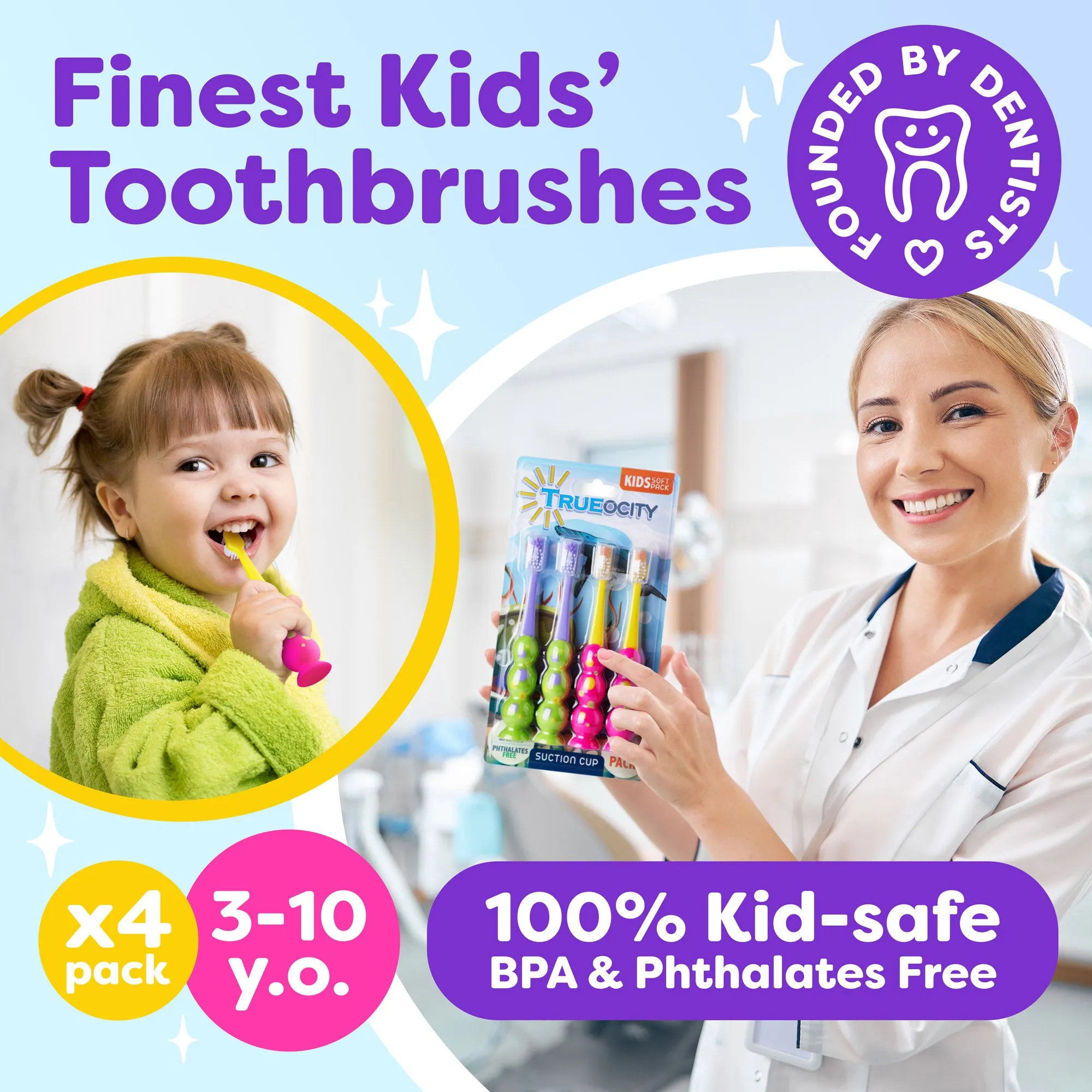 Kids Toothbrush 4 Pack - Soft Contoured Bristles - Child Sized Brush Heads (3-10 Year Old) - Suction Cup for Fun & Easy Storage - Girl & Boy Set (Green & Pink)