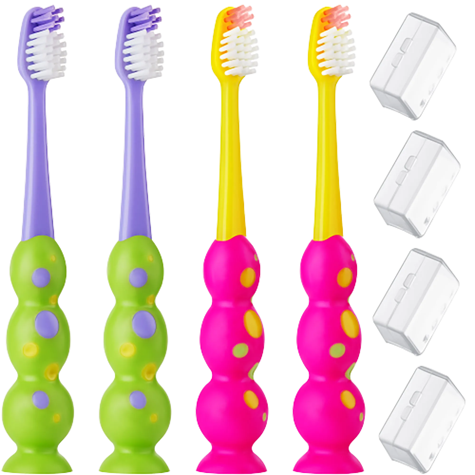 Kids Toothbrush 4 Pack - Soft Contoured Bristles - Child Sized Brush Heads (3-10 Year Old) - Suction Cup for Fun & Easy Storage - Girl & Boy Set (Green & Pink)