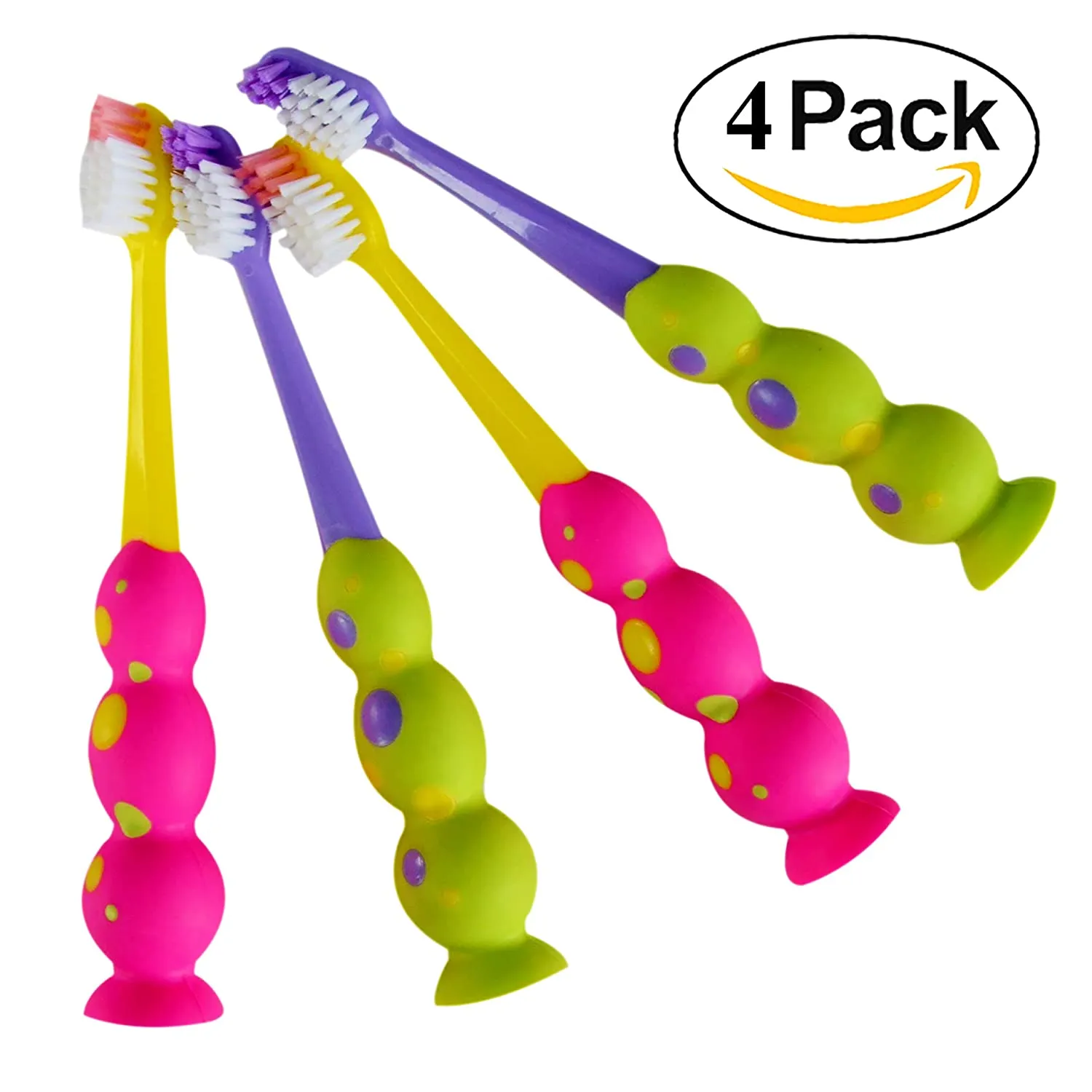 Kids Toothbrush 4 Pack - Soft Contoured Bristles - Child Sized Brush Heads (3-10 Year Old) - Suction Cup for Fun & Easy Storage - Girl & Boy Set (Green & Pink)