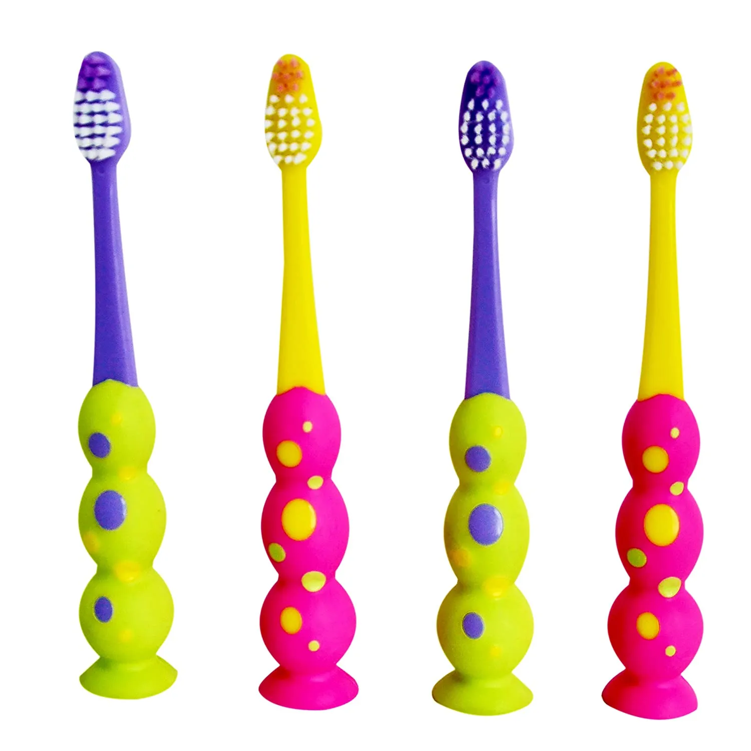 Kids Toothbrush 4 Pack - Soft Contoured Bristles - Child Sized Brush Heads (3-10 Year Old) - Suction Cup for Fun & Easy Storage - Girl & Boy Set (Green & Pink)