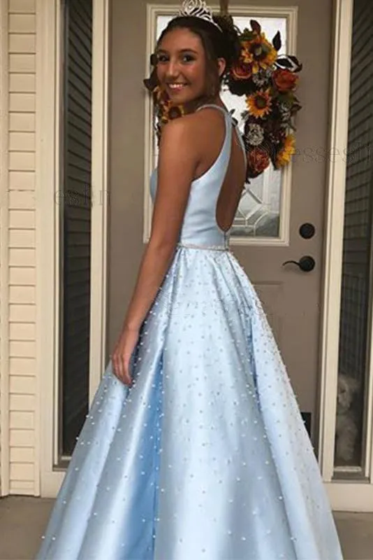 Light Blue Jewel Open Back Long Prom Dress with Pearls, A Line Sleeveless Formal Dress UQ2576