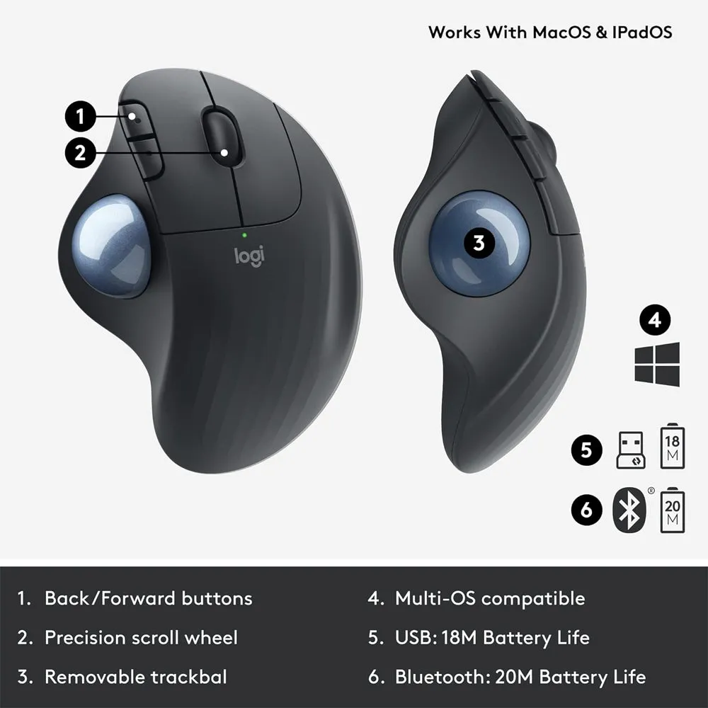 Logitech ERGO M575 Wireless Ergonomic Optical Mouse For Business with Trackball Sensor, 3 Programmable Buttons, 400-2000 DPI, and Logi Bolt and Bluetooth Connectivity for PC and Laptop Computers - Graphite, Off White