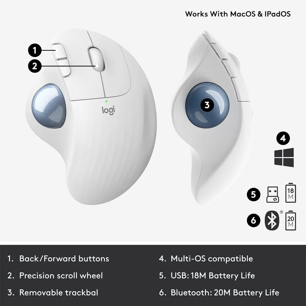 Logitech ERGO M575 Wireless Ergonomic Optical Mouse For Business with Trackball Sensor, 3 Programmable Buttons, 400-2000 DPI, and Logi Bolt and Bluetooth Connectivity for PC and Laptop Computers - Graphite, Off White