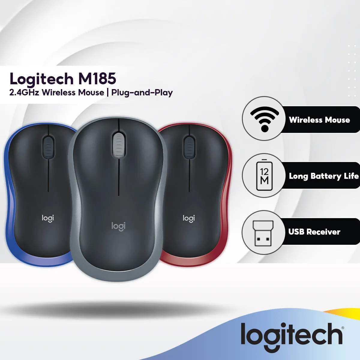 Logitech M185 Wireless Mouse with 1000 DPI Optical Tracking | Plug-and-Play | Wireless Receiver - Grey / Blue / Red