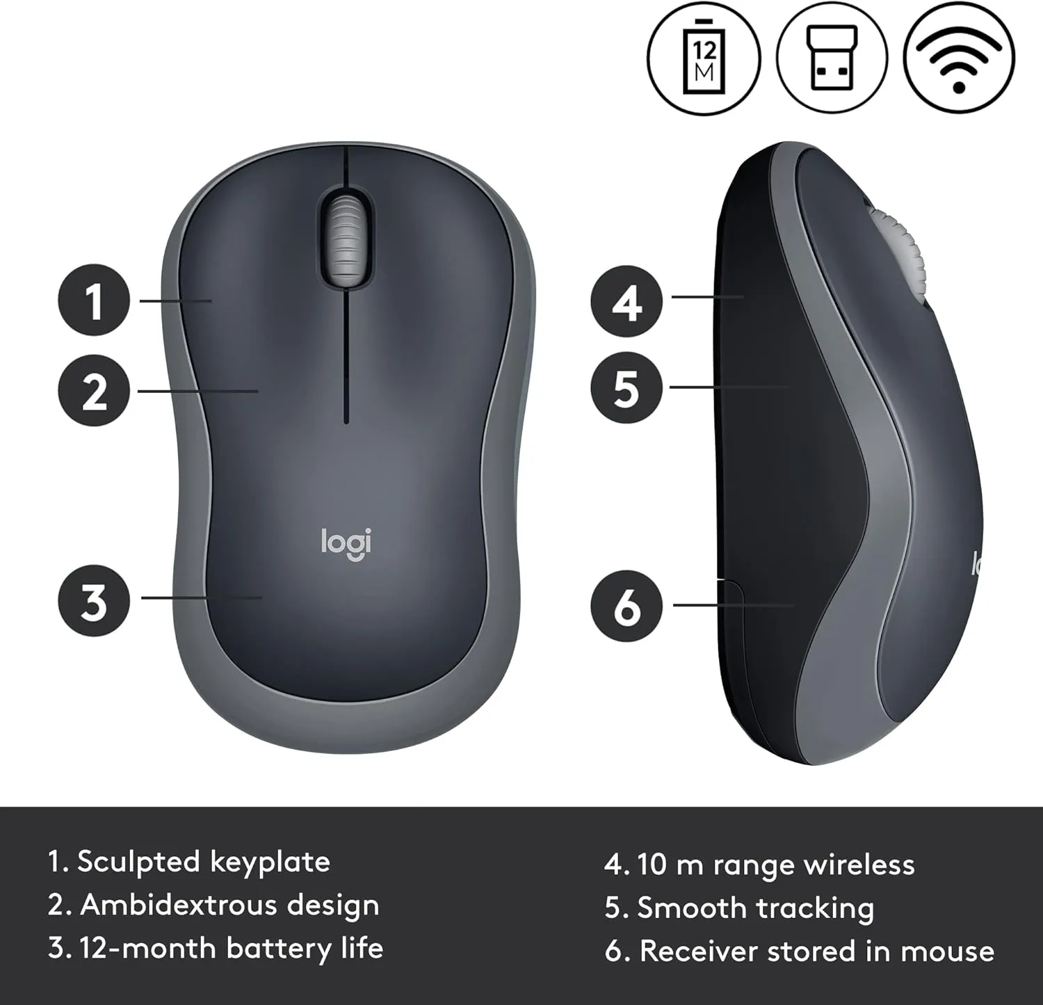 Logitech M185 Wireless Mouse with 1000 DPI Optical Tracking | Plug-and-Play | Wireless Receiver - Grey / Blue / Red