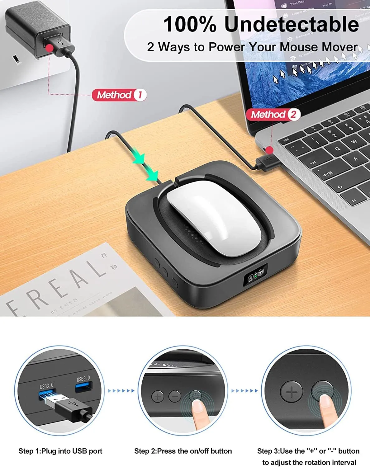 Meatanty Undetectable Mouse Mover Usb Physical Mouse Jiggler Moves Mouse Randomly, Automatic Mouse Mover Device with LED Display and ON/OFF Switch, Running Frequency Adjustable, Keeps PC Laptop Active