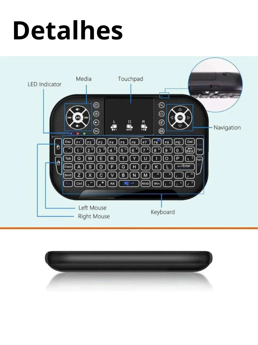 Mini Teclado Teclado Sem Fio Wireless Iluminado Luz Led RGB serve para SMART TV,