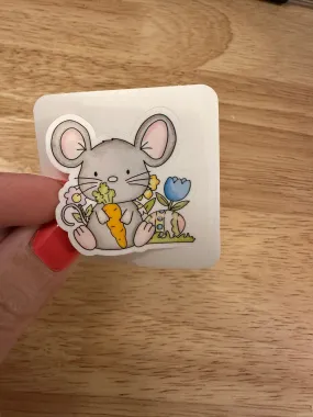 Mouse and carrot STICKER, Cute Mouse sticker, Cute Mouse with Blue tulip sticker, Holographic option, Grey Mouse with Carrot