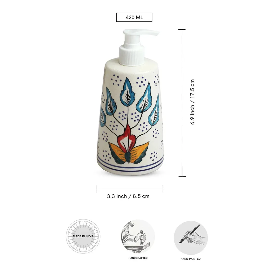 'Mughal Flora' Hand-painted Bathroom Accessory Set of 2 In Ceramic (Liquid Soap Dispenser, Toothbrush Holder)