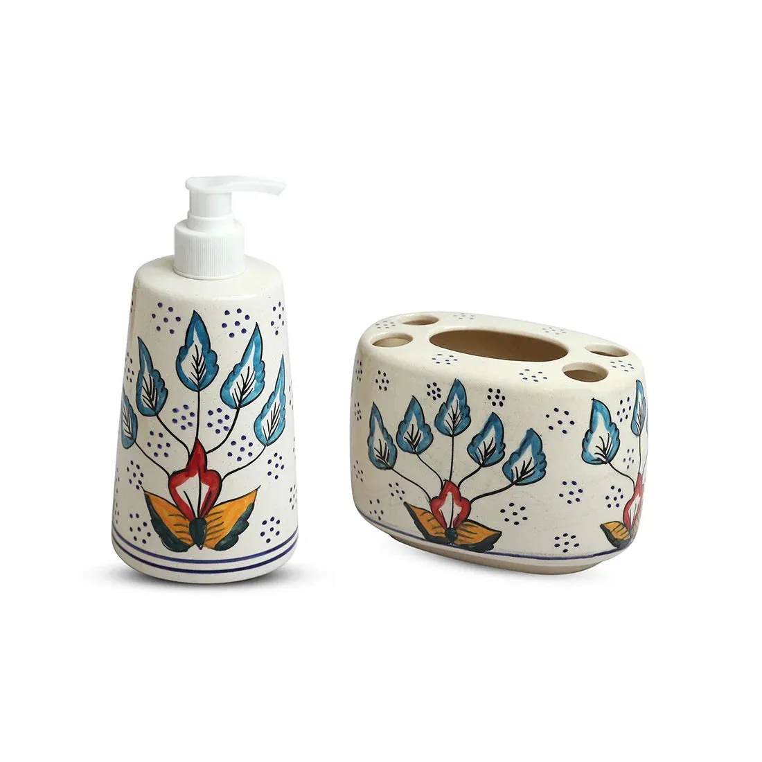 'Mughal Flora' Hand-painted Bathroom Accessory Set of 2 In Ceramic (Liquid Soap Dispenser, Toothbrush Holder)