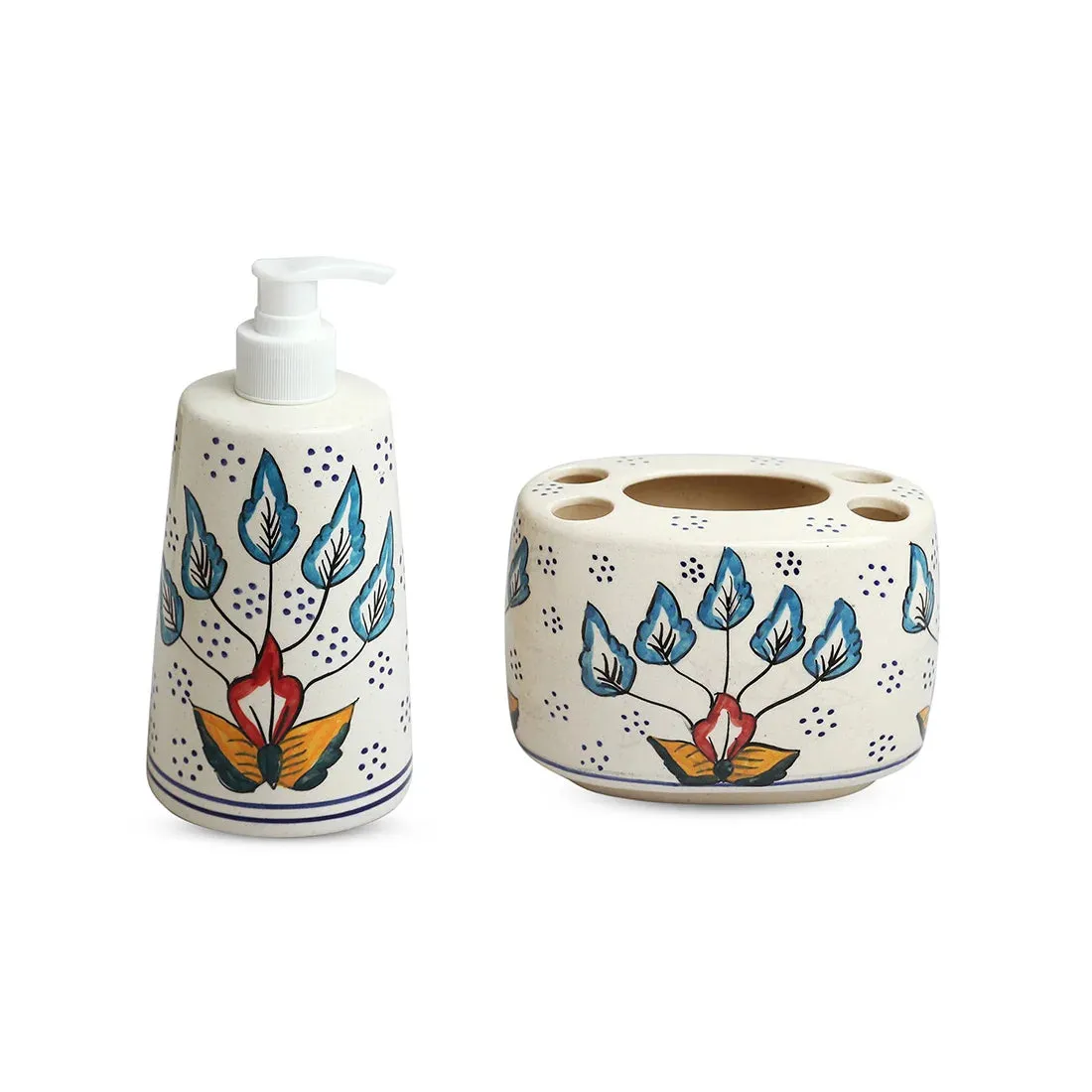 'Mughal Flora' Hand-painted Bathroom Accessory Set of 2 In Ceramic (Liquid Soap Dispenser, Toothbrush Holder)