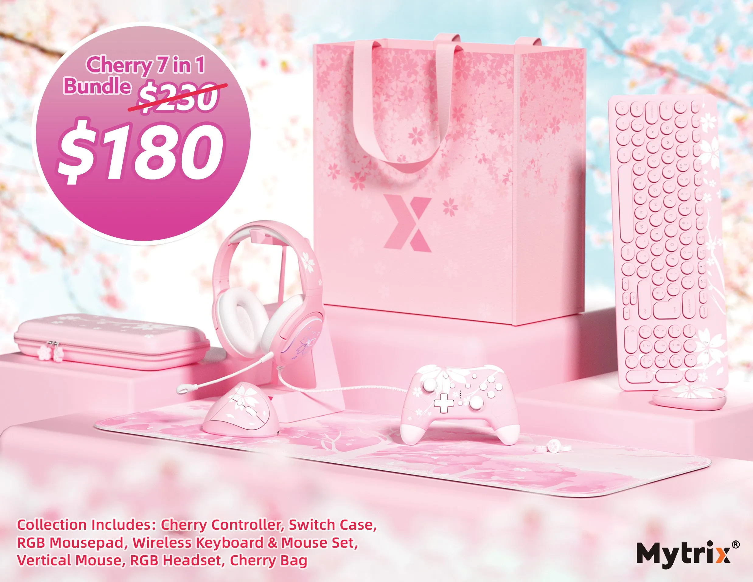 Mytrix Ultimate Cherry Collection, Sakura Themed 7 in 1 Bundle: Cherry Pink Pro Controller, Switch Case, RGB Mousepad, Wireless Keyboard & Mouse Set, Vertical Mouse, RGB Headset, Cherry Bag