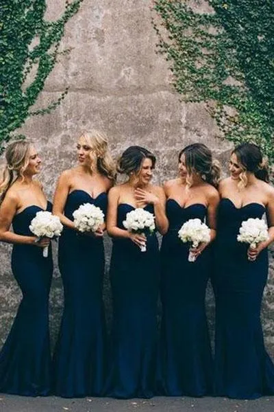 Navy Blue Sweetheart Mermaid Bridesmaid Dress, Simple Sweep Train Bridesmaid Dress UQ2458