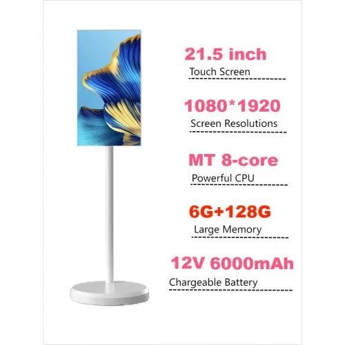 New 2025 21.5” Mobile Smart Display Rechargeable 1080 x 1920 IPS Rotatable Smart Screen Monitor | Touch Display | Full Swivel Rotation | Android , 12 OS, 6GB Ram, 128GB Storage