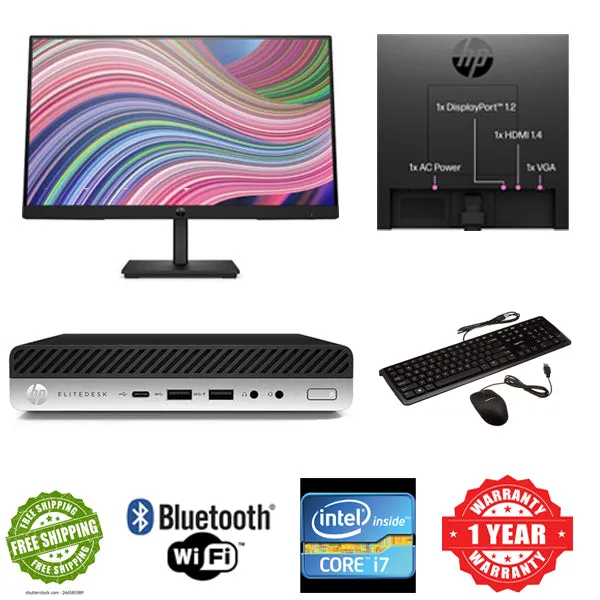 PC Bundle HP EliteDesk 800 G3 Tiny PC i7 -7700T 8GB RAM 256GB SSD W10 Pro WIFI Ready 22" Monitor Keyboard Mouse