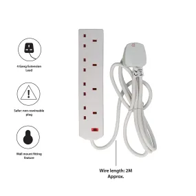 Pifco 4 Way UK 3Pin Plug 13amp Extension Lead with 5 Metre High-Quality Cable - Neon Power On Indicator - White