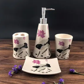 Pink, Black, Light Gray and White Floral Bathroom Accessory Set