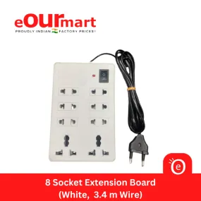 Plastic 8 Socket Extension Board 3.4 Mtr Cord with Indicator (White)