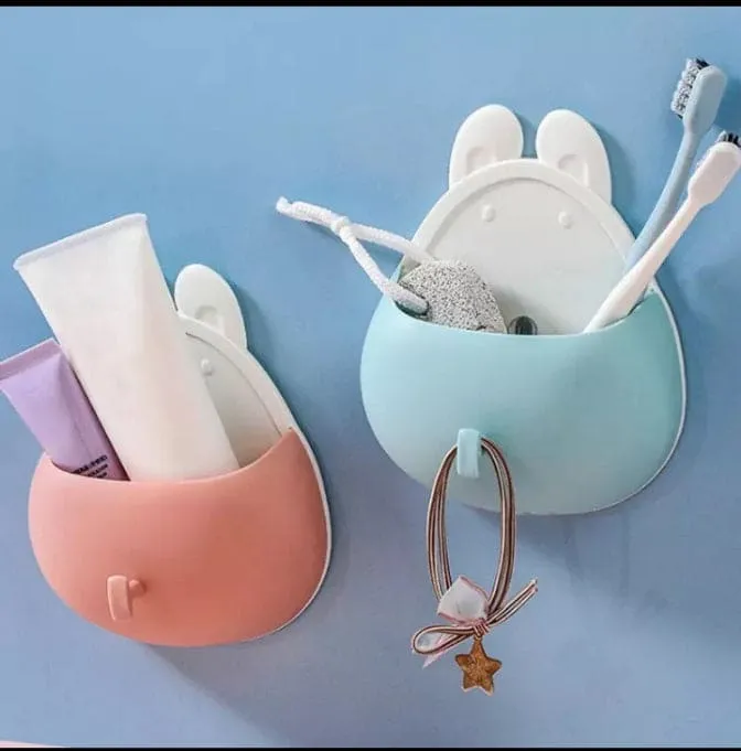 Rabbit Shape Wall Mounted Storage Box, Bathroom Toothbrush Toothpaste Holder, Self Adhesive Drain Rack With Hook