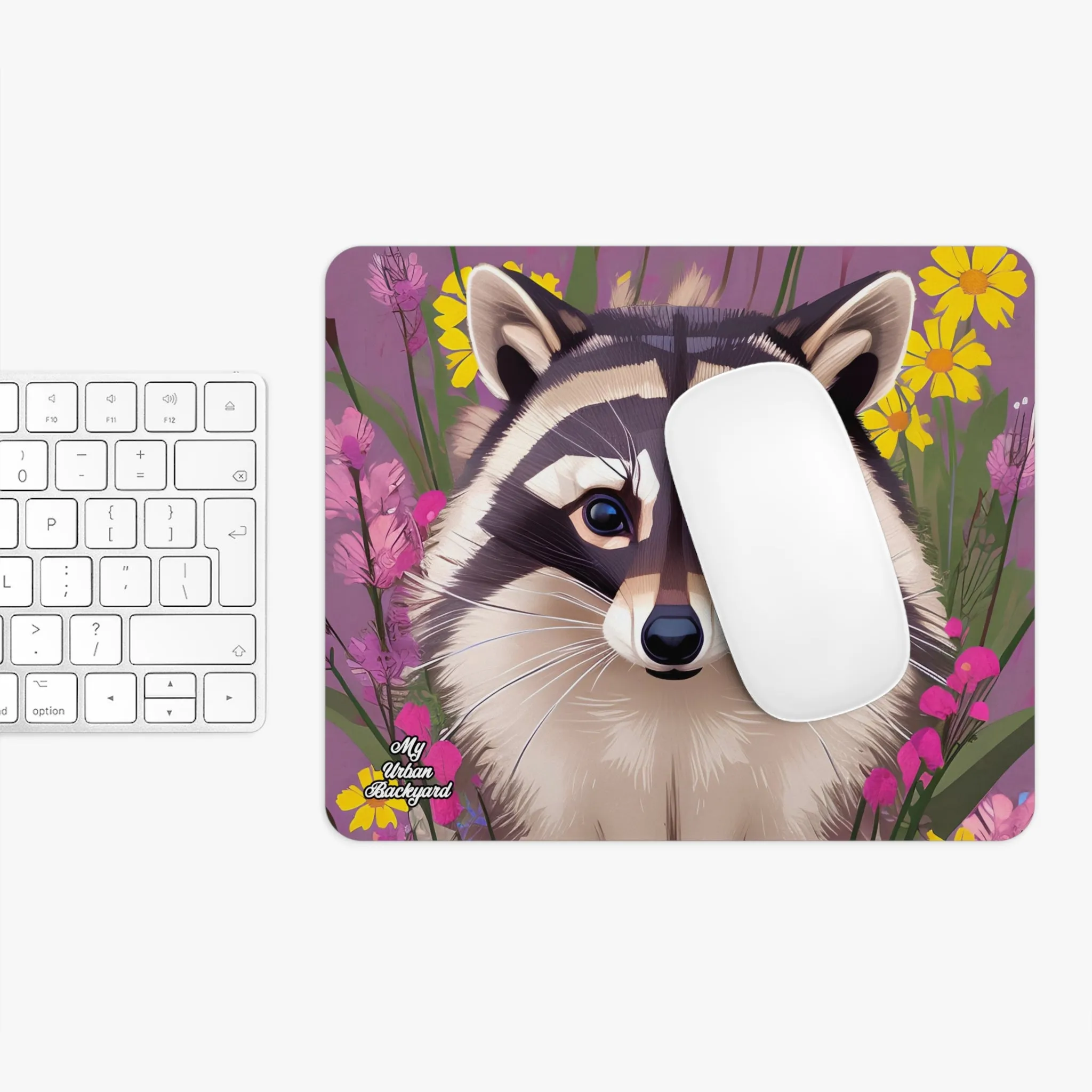 Raccoon and Flowers, Computer Mouse Pad - for Home or Office