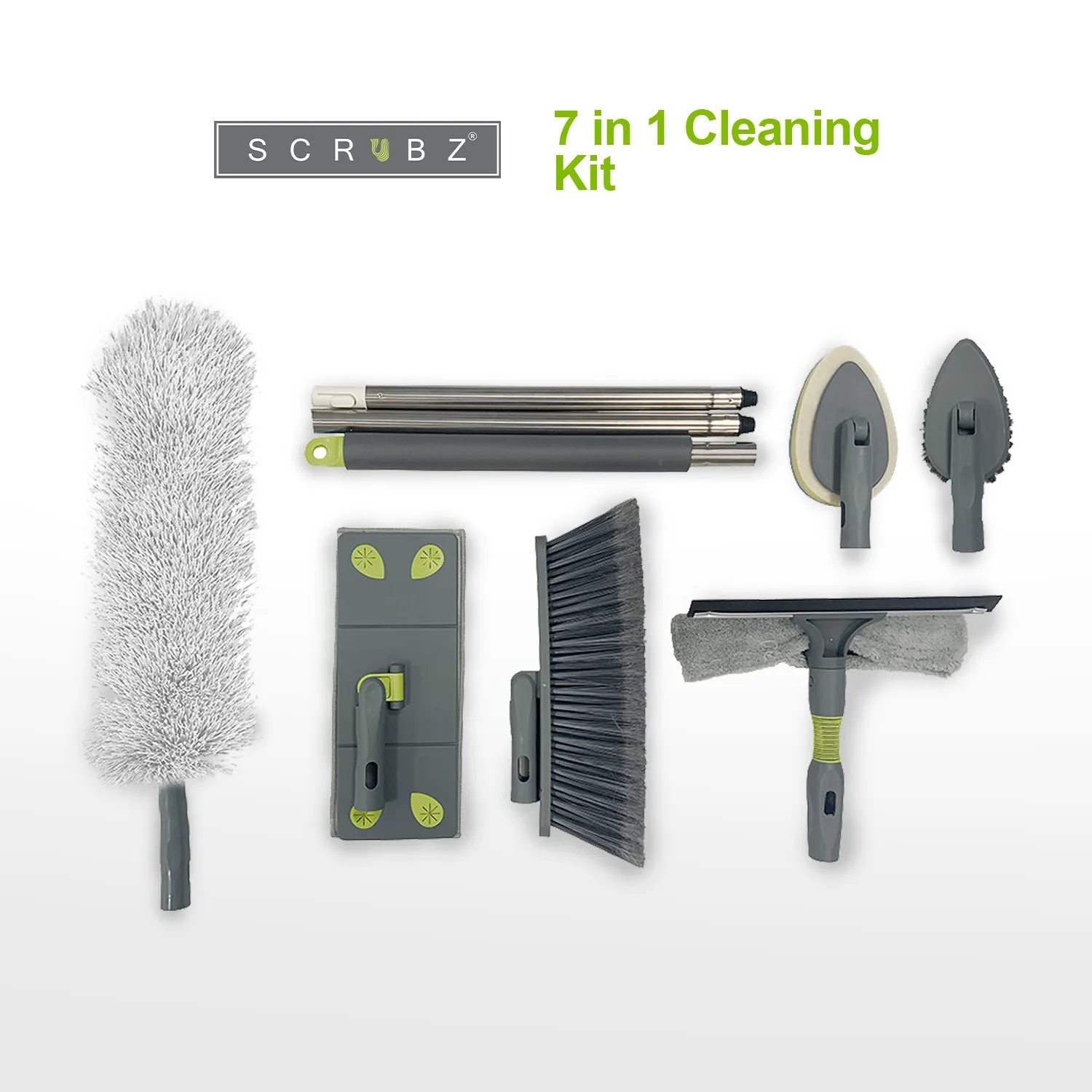 SCRUBZ Cleaning Kit 7 in 1 Set Broom | Mop | Window Wiper | Brush | Duster