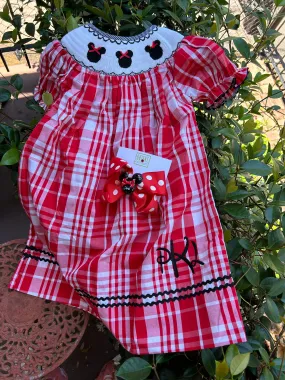 SMOCKED PLAID MOUSE BISHOP DRESS