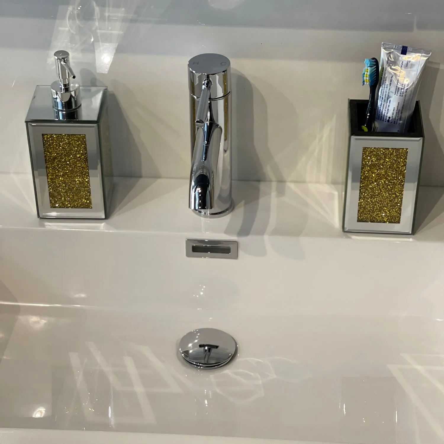 Square Soap Dispenser and Toothbrush Holder in Gift Box, Gold Crushed Diamond Glass